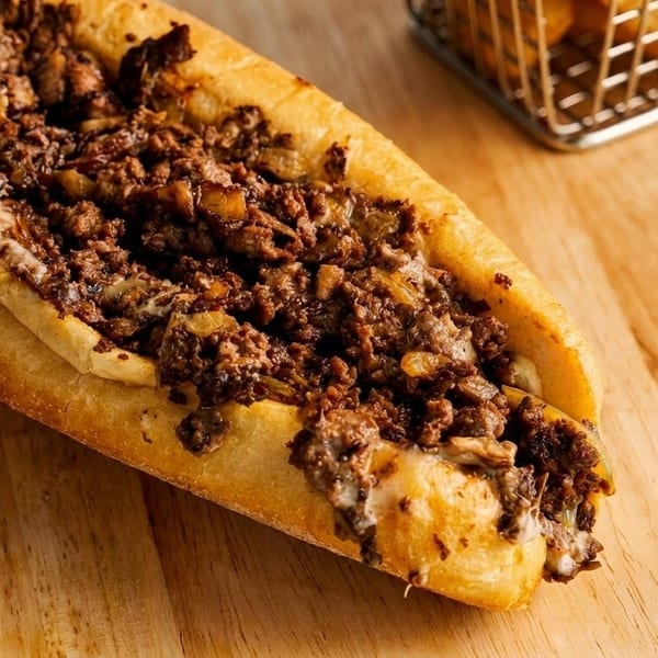 A delicious cheesesteak sandwich with melted cheese and chopped meat on a wooden board.