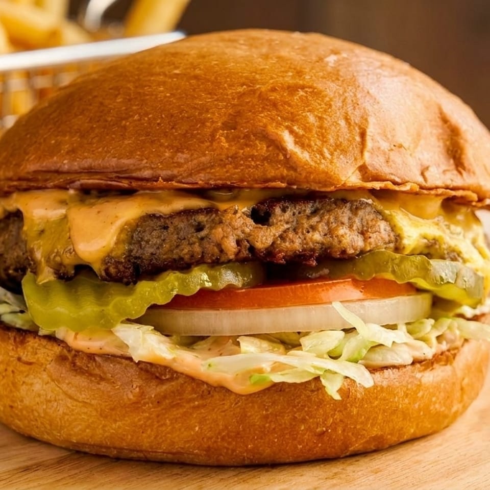 Cheeseburger with special sauce, pickles, tomato, onion, and lettuce, with fries and a drink.