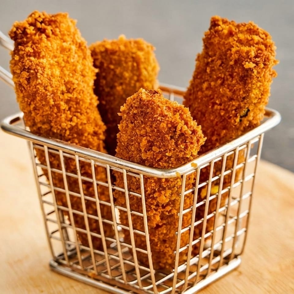 Crispy, golden-brown fried appetizers, possibly croquettes or mozzarella sticks, in a metal serving basket.