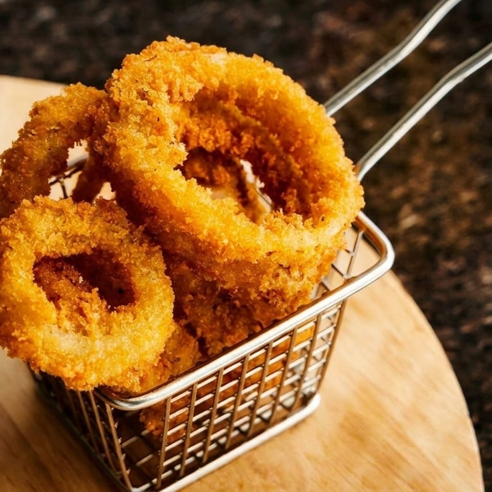 Crispy golden onion rings served in a metal basket on a wooden board.