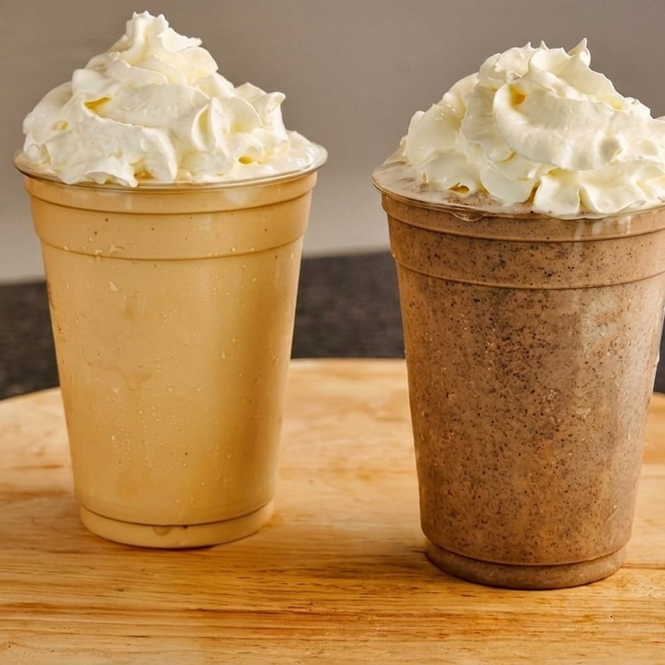 Two milkshakes, one vanilla and one chocolate, topped with whipped cream on a wooden board.